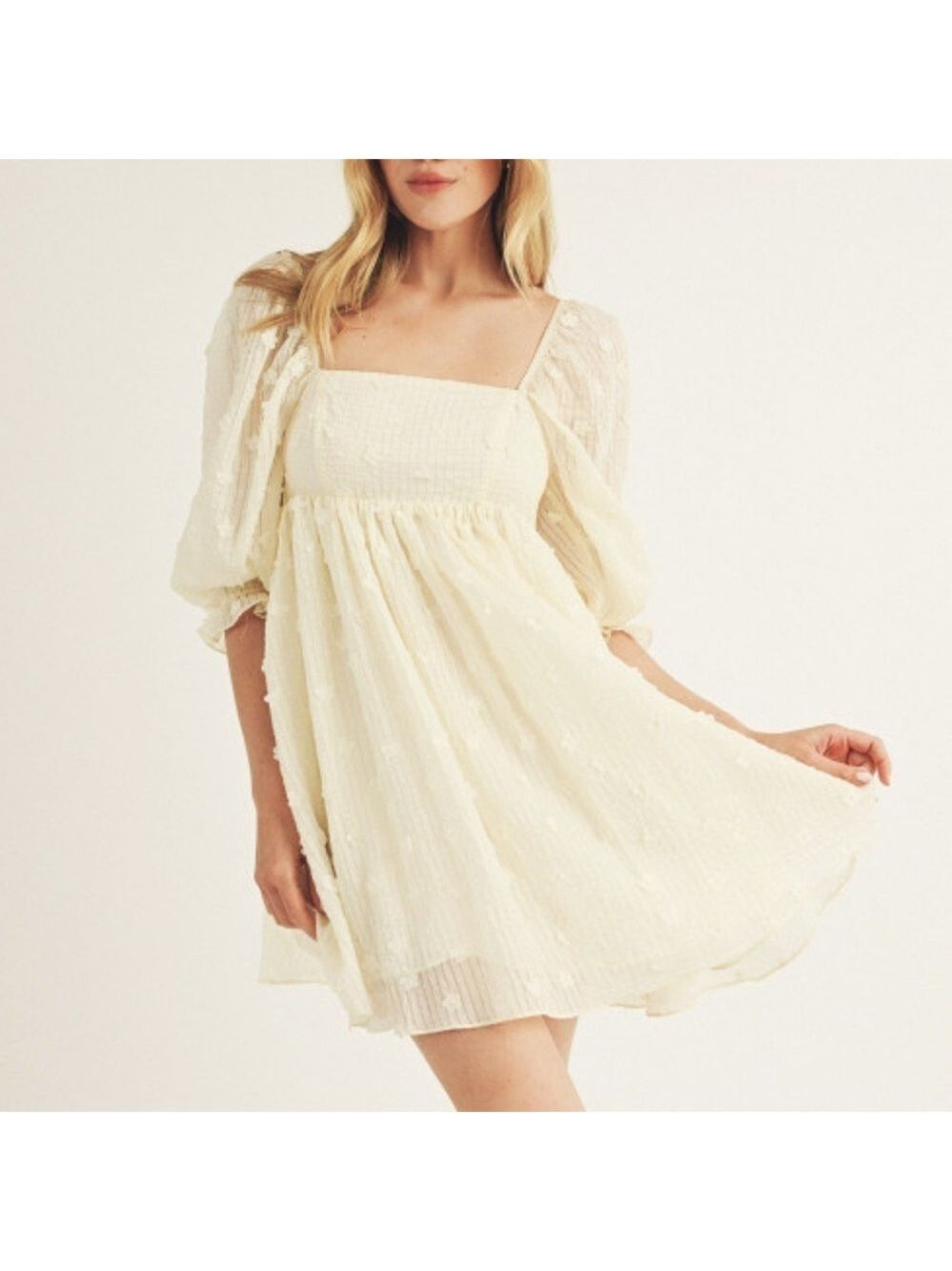 STORIA Baby Breath Baby Doll Cream Floral Appliqué Puff Sleeves Mini Dress NWT M - Picture 2 of 10